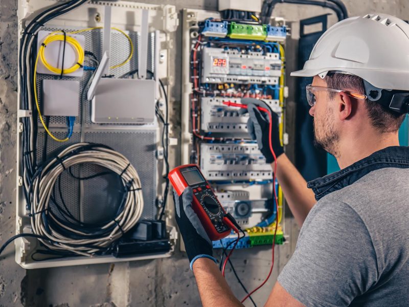 Man, an electrical technician working in a switchboard with fuses. Installation and connection of electrical equipment. Professional uses a tablet.